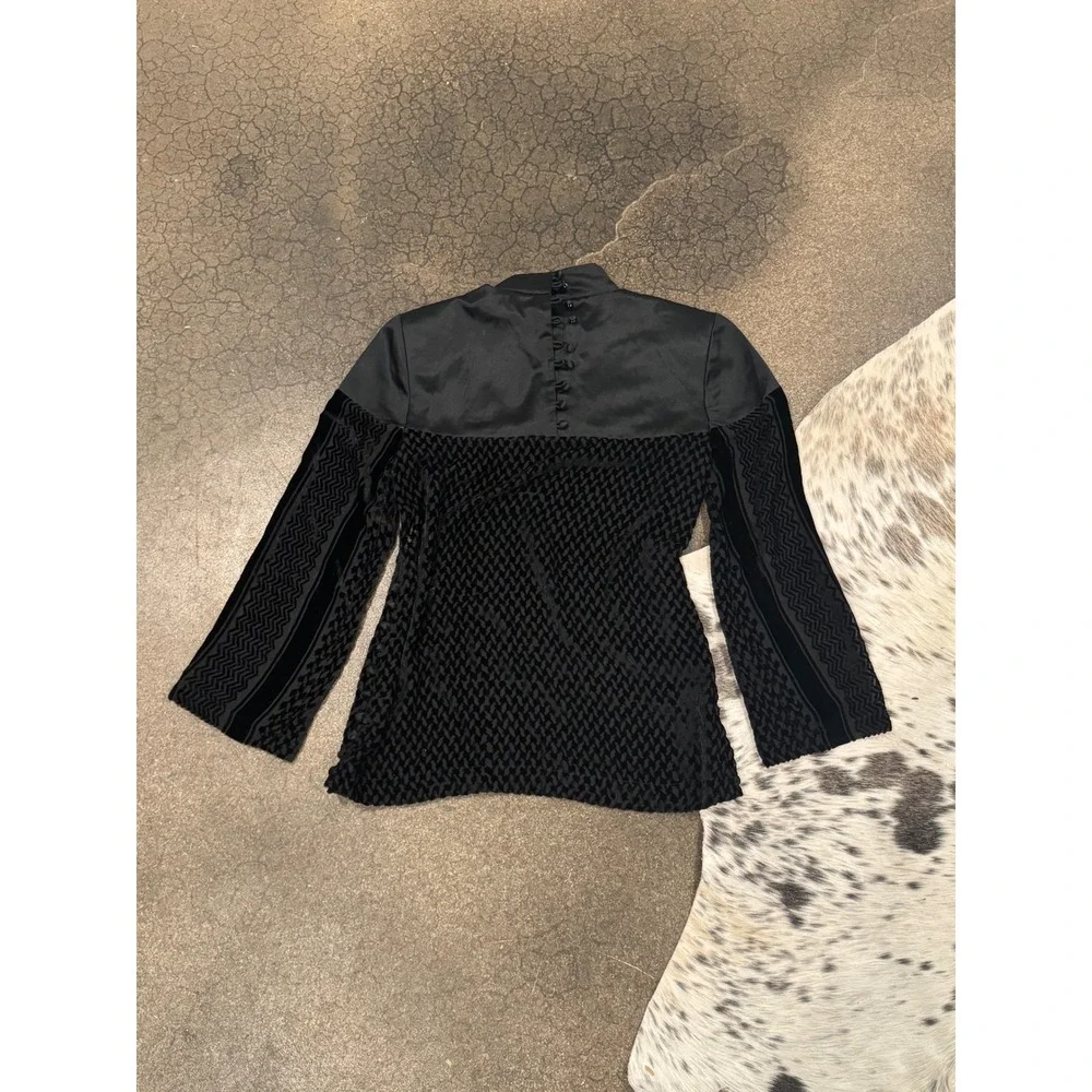 Cecilie Copenhagen Black Velvet Textured Top Mock Neck Long Sleeve Blouse - Picture 6 of 10